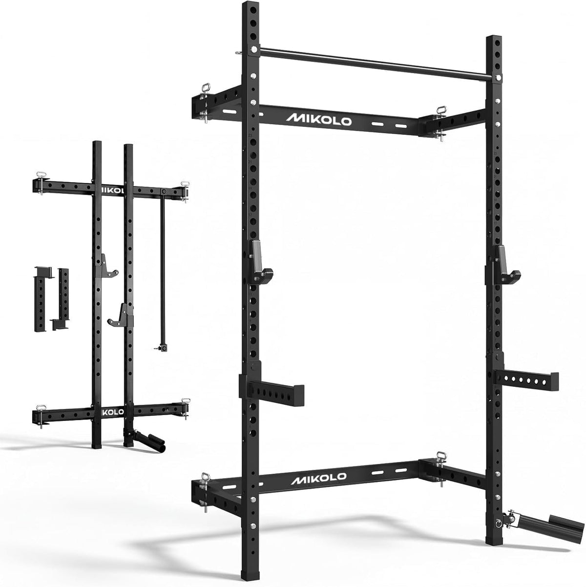 Mikolo 2" x 2" Folding Wall Mounted Squat Rack, 1000 Pounds Capacity Power Rack with Pull Up Bar, J Hooks and Other Attachments, Space-Saving Home Gym