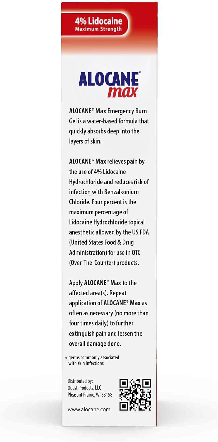 ALOCANE Max Maximum Strength Emergency Burn Gel With Lidocaine and Antiseptic, 4% Lidocaine, Fast Pain and Itch Relief, Sunburn Relief, Cuts, Scrapes, First Aid Burn Care, 4.0 Fluid Ounce