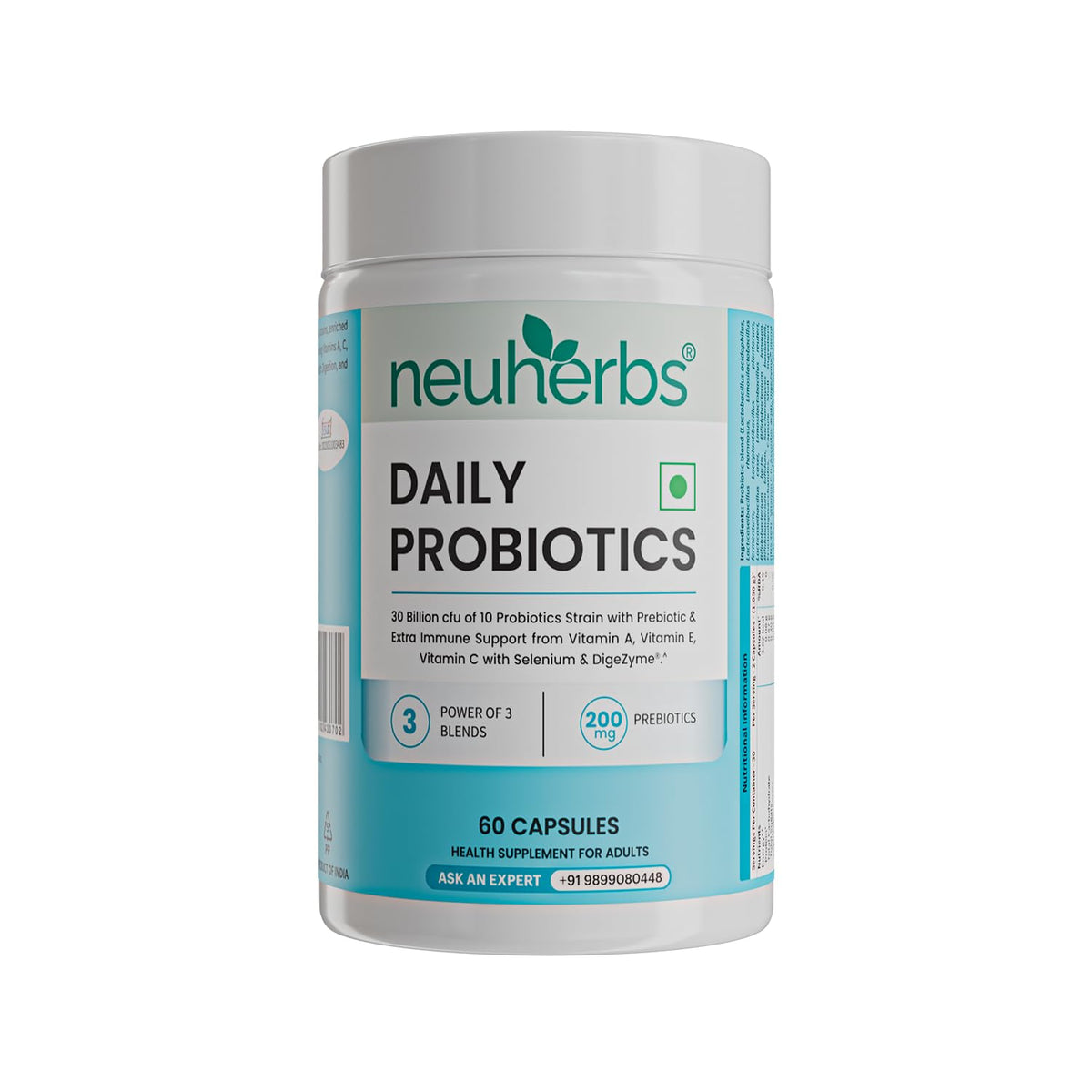 Neuherbs Daily Probiotics 30 Billion CFU with Prebiotics |Probiotics with Vitamin A, C & Selenium| Multi Strain Probiotic Capsules for Gut Health, Digestion, Immunity & Bloating Relief | 60 Capsules