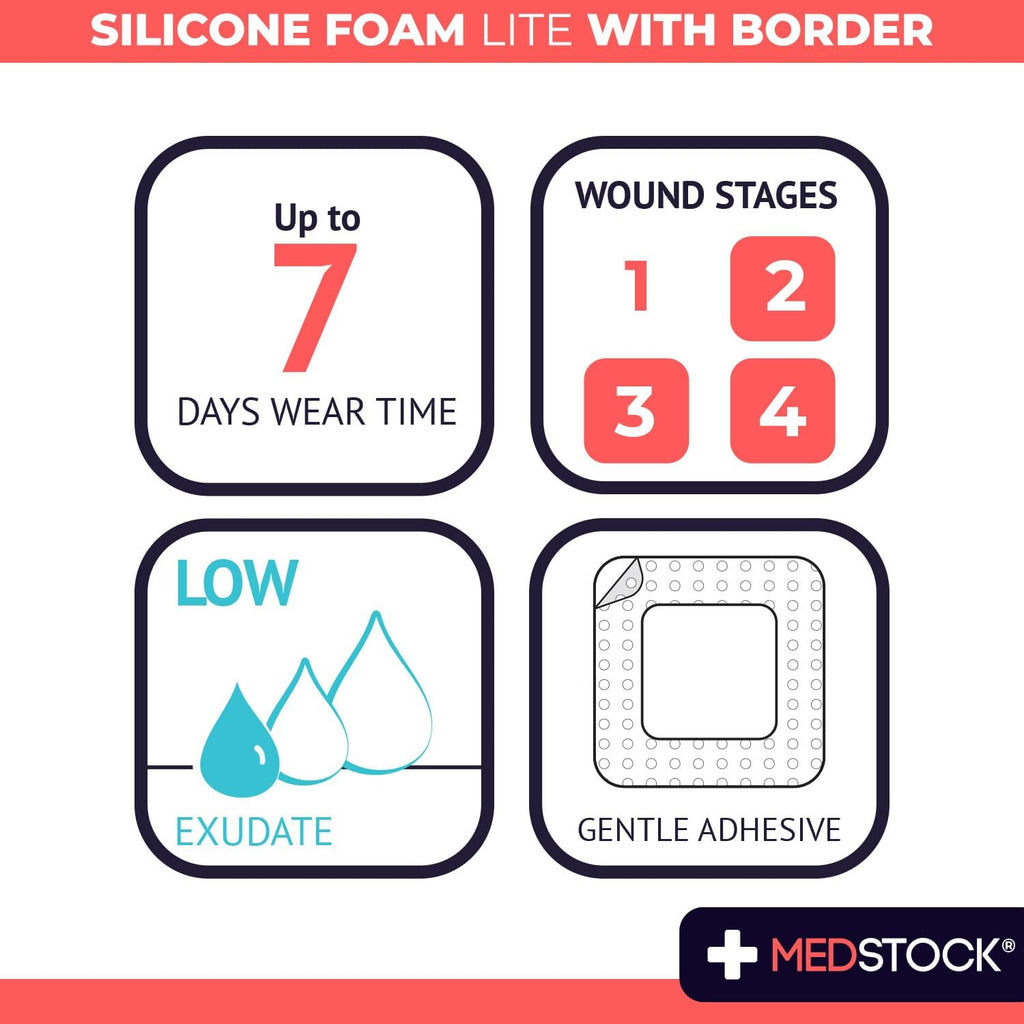MEDSTOCK Silicone Foam Lite Dressing with Border, 10cm x 10cm, 10 Count, Comfortable Healing for Wounds, Waterproof, Gentle & Secure Adhesion