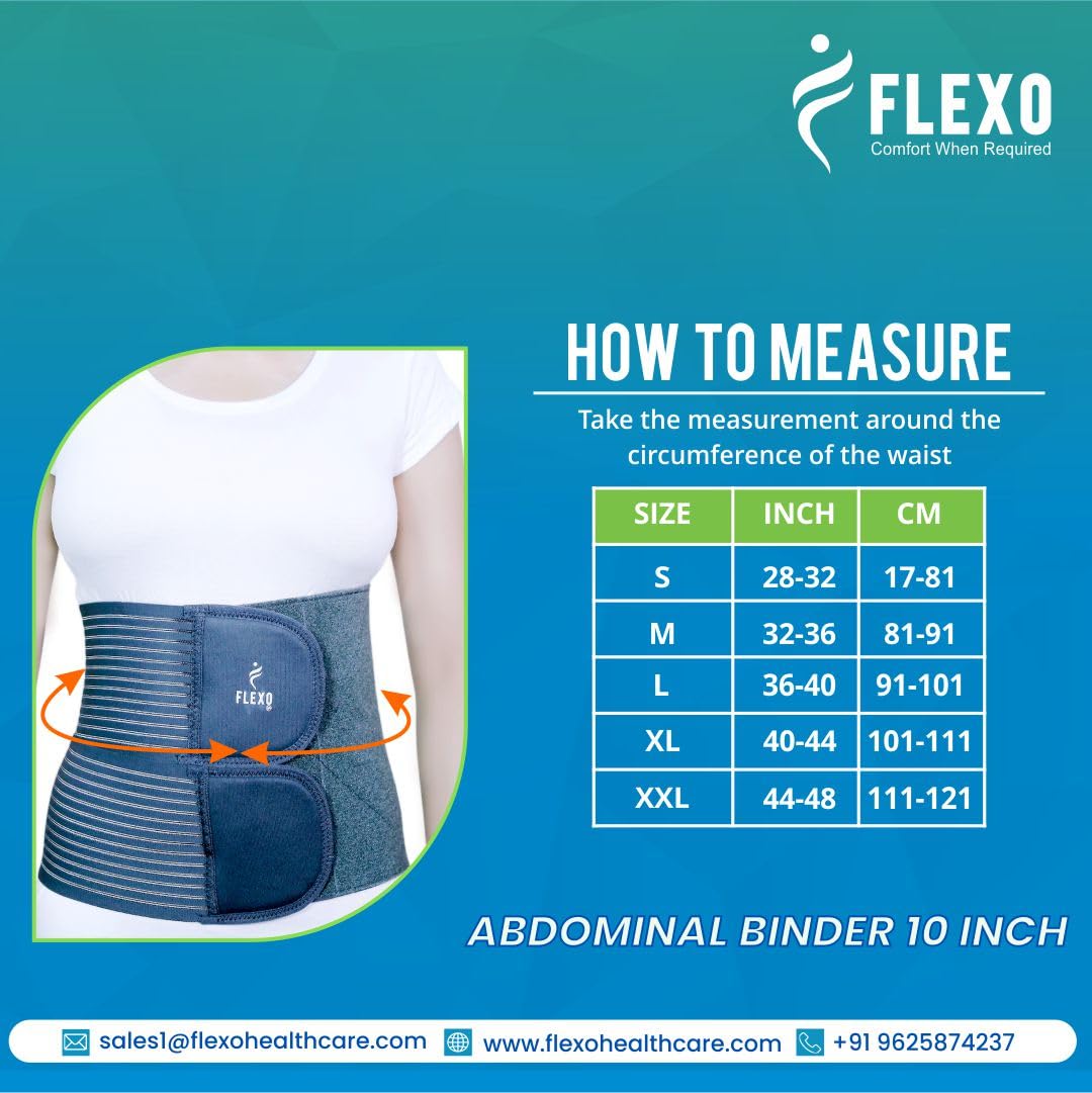 Flexo Abdominal Binder 10 Inch | Wide Abdominal & Lower Back Support Belt for Post-Surgical Recovery, Hernia Treatment & Bariatric Care | Adjustable Core Stabilizer(Grey, XL)