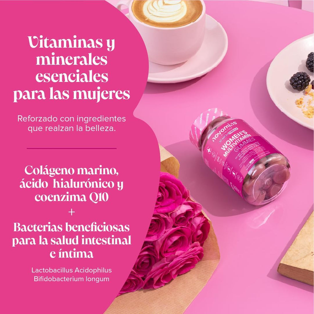 Women's Multivitamins - 60 Gummies with Vitamins for Hair, Marine Collagen and Hyaluronic Acid - Vitamin C, A, D, B, Biotin and Zinc - Multivitamin with Minerals and Probiotics - Novomins