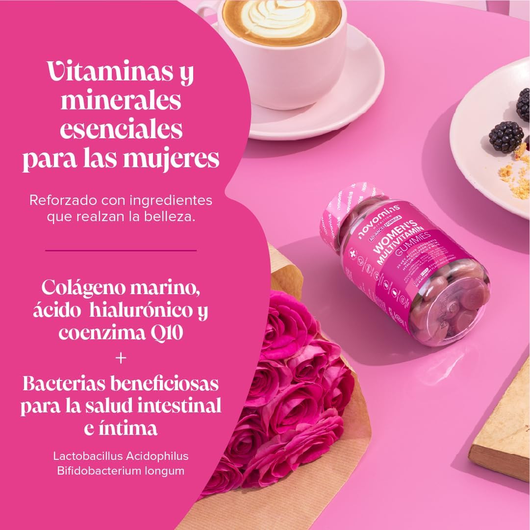Women's Multivitamins - 60 Gummies with Vitamins for Hair, Marine Collagen and Hyaluronic Acid - Vitamin C, A, D, B, Biotin and Zinc - Multivitamin with Minerals and Probiotics - Novomins