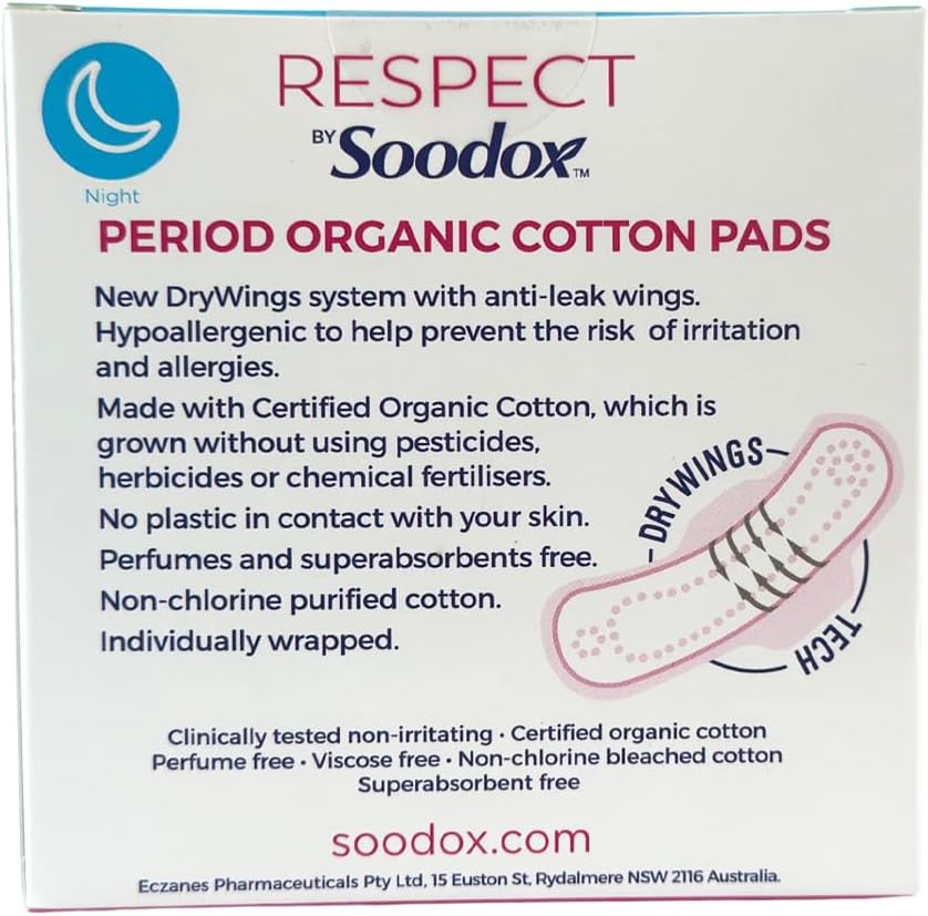 Respect by Soodox Period Organic NIGHT Cotton Pads | Drywings Technology With Anti-Leak Wings| Clinically Tested Non Irritating | Certified Organic Cotton | No Plastic | Halal & Vegan |10 Pack