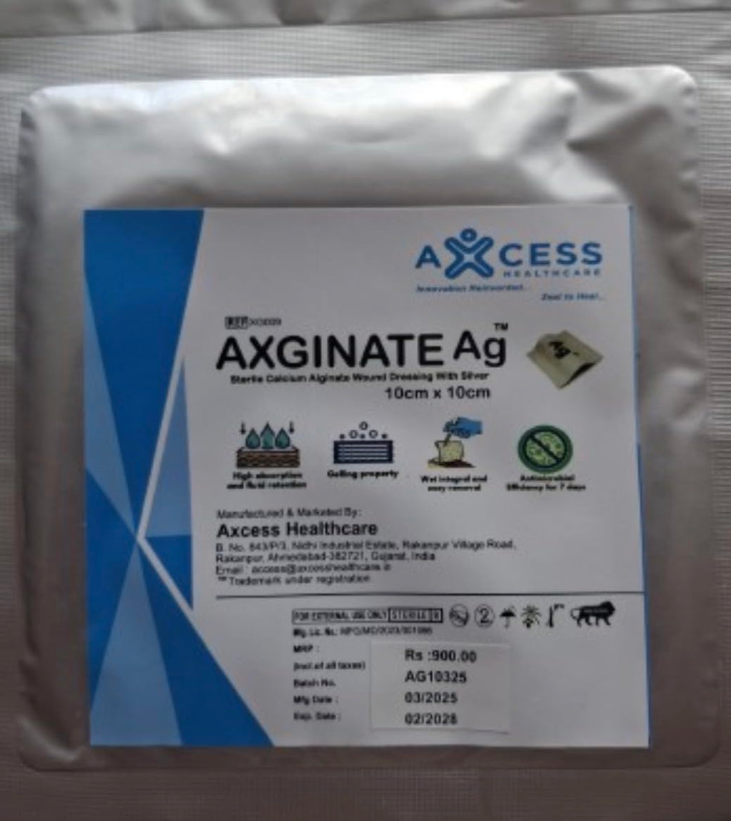 AXGINATE Ag Sterile Calcium Alginate Wound Dressing with Silver, 10cm x 10cm, Pack of 1
