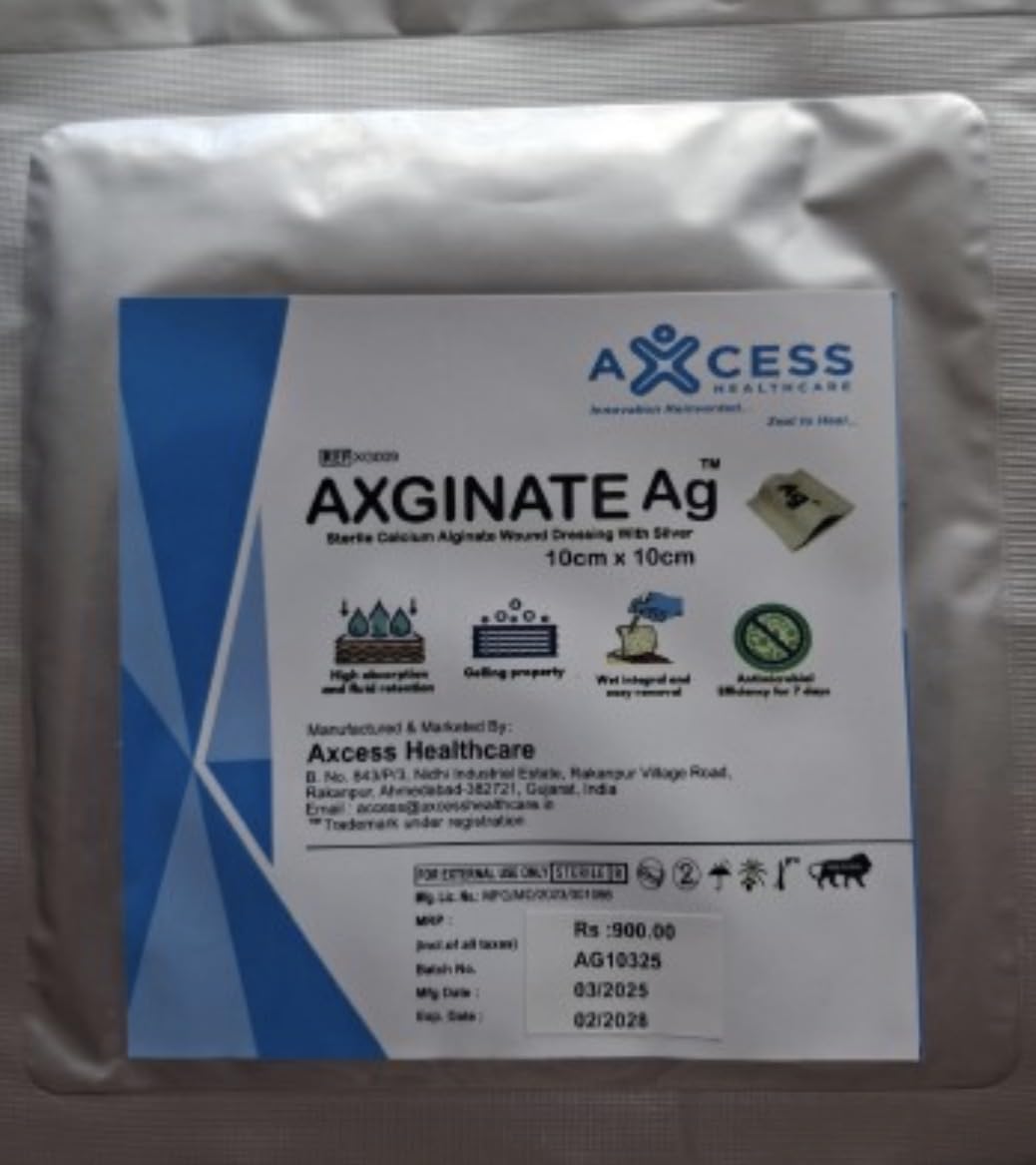 AXGINATE Ag Sterile Calcium Alginate Wound Dressing with Silver, 10cm x 10cm, Pack of 1