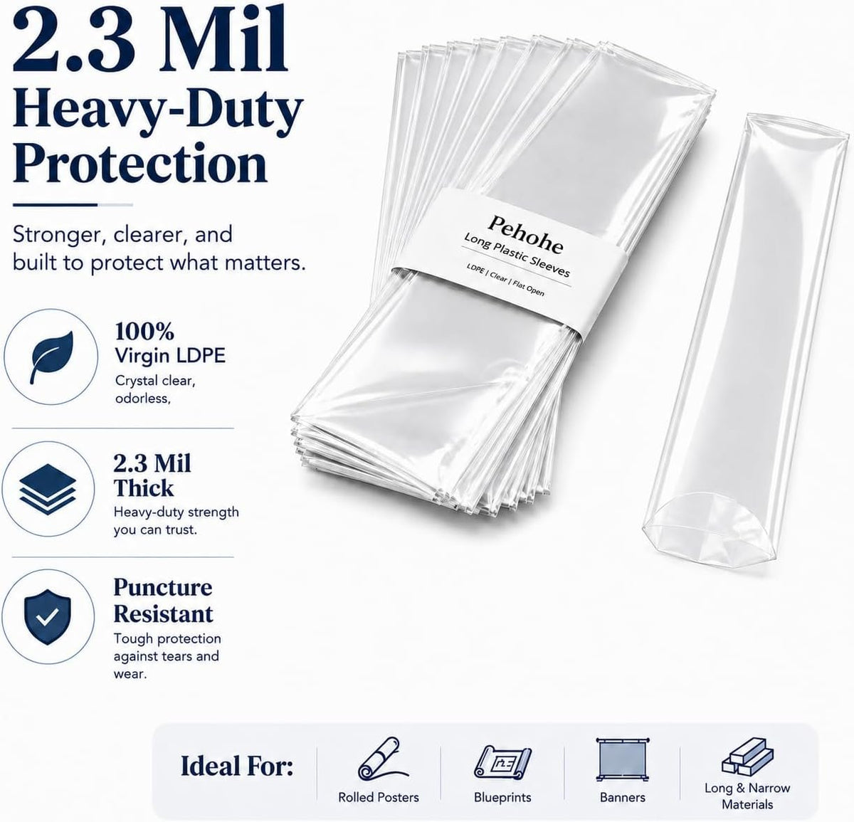 60 Pack 5x50" Long Plastic Sleeves 2.3Mil for Posters, Artwork & Blueprints
