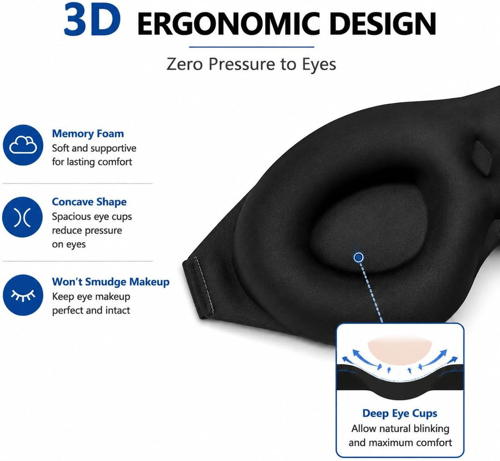 ALASKA BEAR Sleep Mask Memory Foam Contoured Eye Cups for Women and Men, Soft 3D Blackout Eye Mask for Sleeping No Pressure on Eyelids and Eyelashes Protection, Earplugs Set, Black