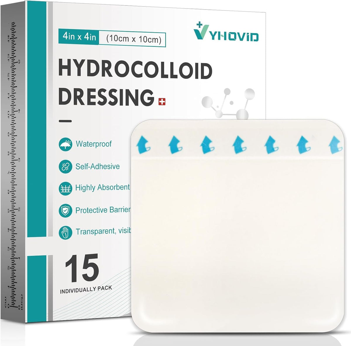 15 Pack Hydrocolloid Wound Dressing 4" x 4", Hydrocolloid Patch Bandages with Self-Adhesive, Bed Sore Bandages, Highly Absorbent for Burn, Blister, Acne Care, Sterile and Waterproof