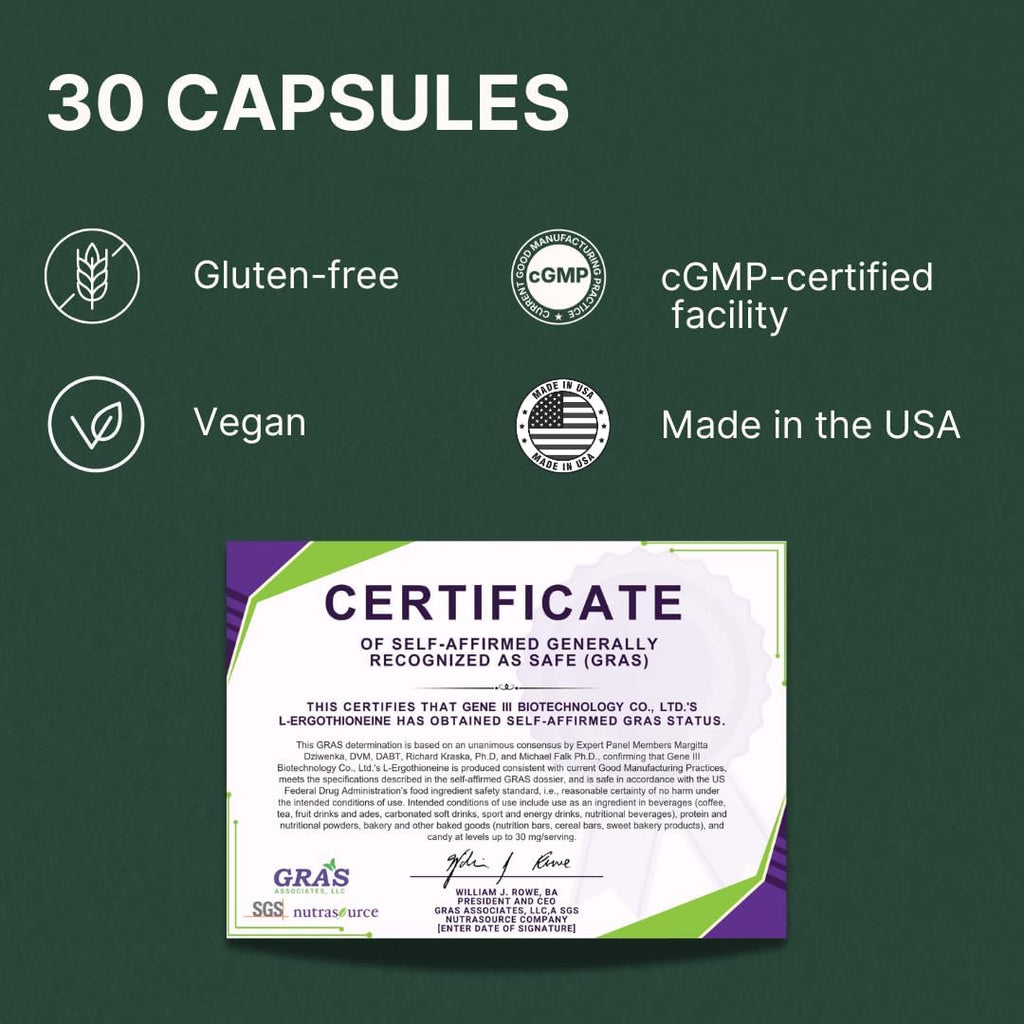 L-Ergothioneine Supplement 30mg - Fermentation-Based 99.99% Purity Antioxidant - Clinically Studied to Support Longevity, Restful Sleep & Healthy Aging - Vegan & Non-GMO - 30 Capsules