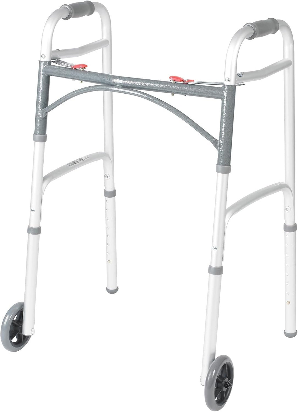 Drive Medical Two-Button Folding Walker with Wheels, Height Adjustable | Two-Button Rolling Walker Features Dual Push-Button Operation, Adjustable Height and Durable Aluminum Frame