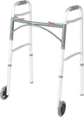 Drive Medical Two-Button Folding Walker with Wheels, Height Adjustable | Two-Button Rolling Walker Features Dual Push-Button Operation, Adjustable Height and Durable Aluminum Frame