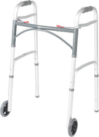 Drive Medical Two-Button Folding Walker with Wheels, Height Adjustable | Two-Button Rolling Walker Features Dual Push-Button Operation, Adjustable Height and Durable Aluminum Frame