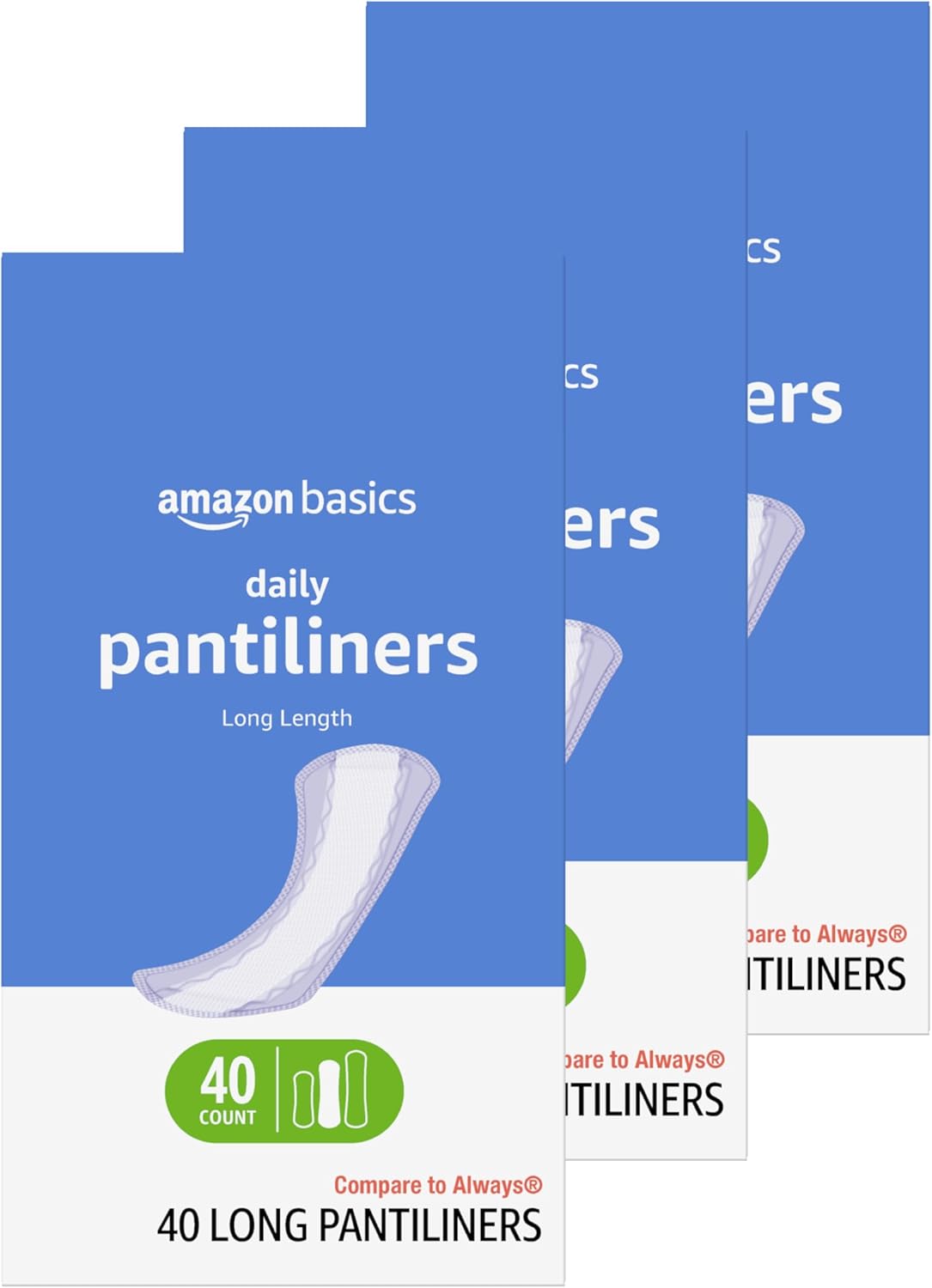 Amazon Basics Daily Pantiliner, Long Length, Feminine Pads for Women, Unscented, Comfortable Thin, 120 Count (3 Packs of 40) (Previously Solimo)