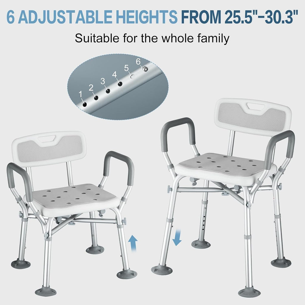 550lb Adjustable Shower Chair with Arms, Back and Suction Cup Feet | 6 height settings from13.4–18.1in, reinforced crossbars and tool-free assembly for easier setup and daily bathing.