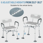 550lb Adjustable Shower Chair with Arms, Back and Suction Cup Feet | 6 height settings from13.4–18.1in, reinforced crossbars and tool-free assembly for easier setup and daily bathing.
