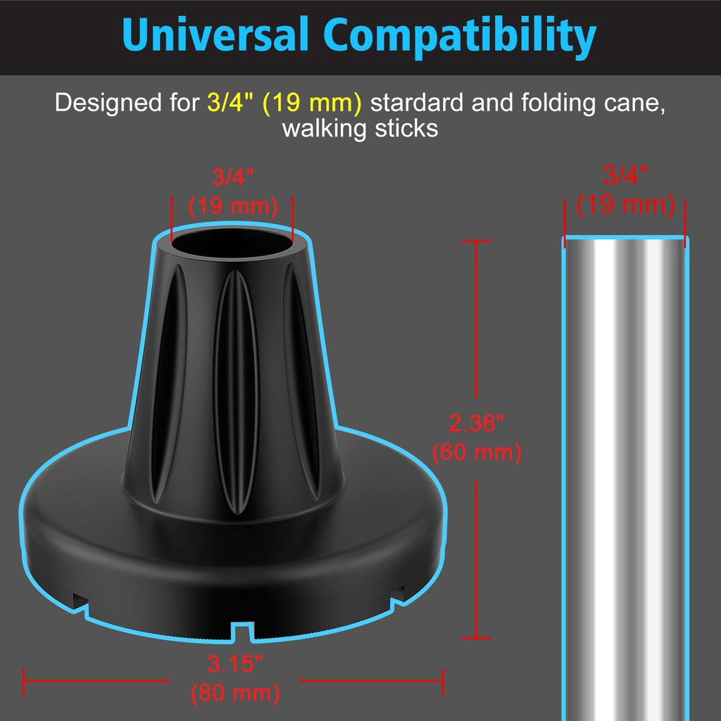 supregear Cane Tips 3/4 inch Heavy Duty, Anti-Slip Durable Rubber Tips All Terrain, Extreme Grip Replacement Feet Caps, Widen Base with Metal Insert for Seniors Elderly, 2-Pack, Black