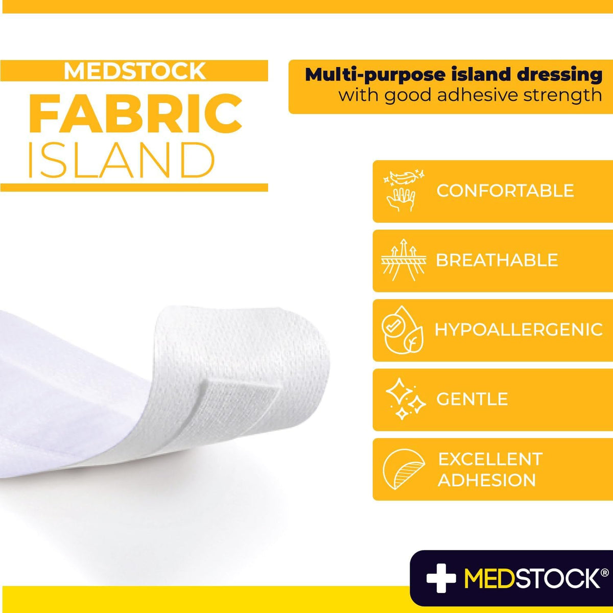 MEDSTOCK Fabric Island Dressing, 5CM X 7CM, 100 Count, Adhesive Wound Care, Suitable for Surgical Wounds, Grazes, Highly Breathable, Hypoallergenic, Non-Woven Fabric, High Absorption Fabric Pad