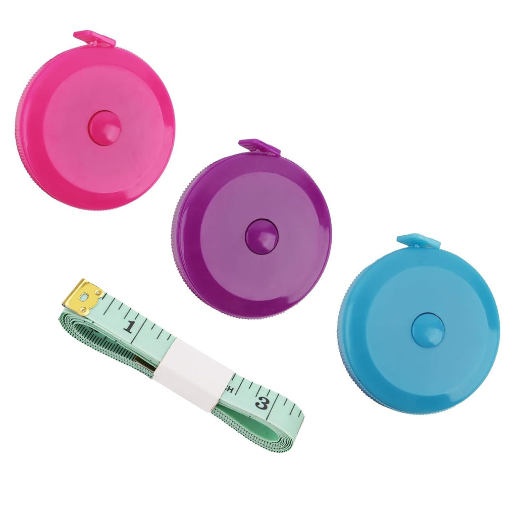 3 Pack Tape Measure Measuring Tape for Body Craft Weight Loss Measurements Retractable 60-inch 1.5 Meter, Small Push Button Dual Sided Tape Measure Body Measuring (Pink Purple Sky Blue)
