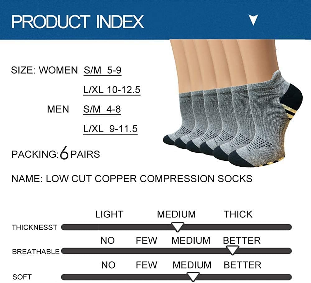 Sooverki Copper Compression Socks Women and Men 6 Pairs - Circulation Arch Support Plantar Fasciitis Running Ankle Socks