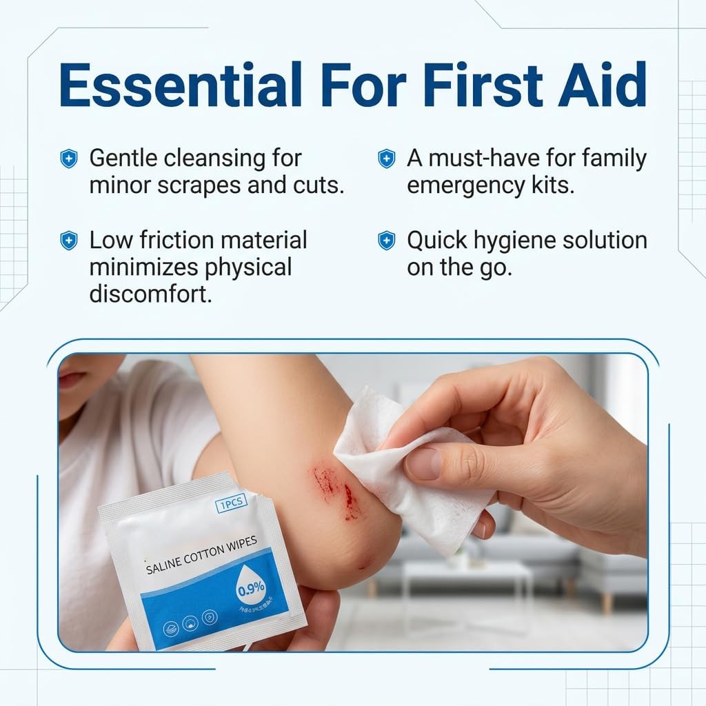 100 Pcs 0.9% Saline Wipes, Sodium Chloride Alcohol Free Cleansing Wipes, Individually Wrapped Gentle Skin Wipe for First Aid Wound Care Piercing Aftercare, Portable Sterile Cleaning Pads (60 x 60 mm)