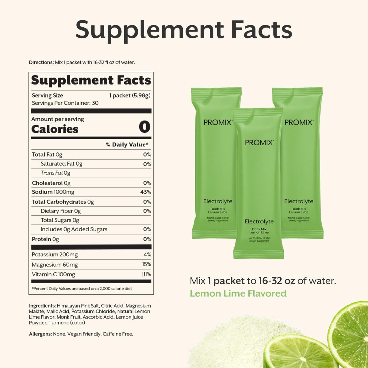 ProMix Nutrition Hydration Powder Packets, Lemon Lime - 30 Count | Electrolyte Hydration Powder for Fast Rehydration, Energy, Muscle Cramp Relief & Daily Hydration Wellness Support