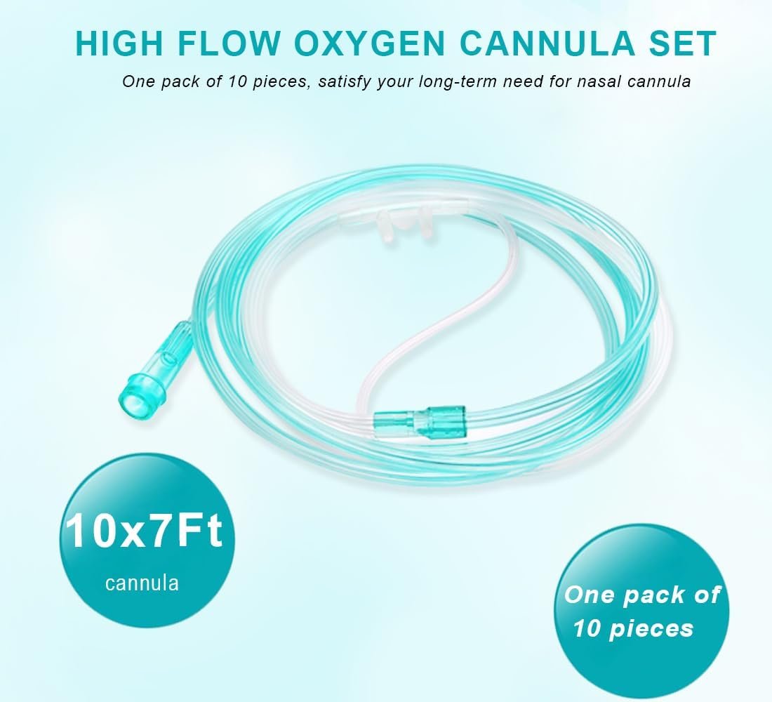 10-Pack 7Ft Soft High-Flow Nasal Oxygen Cannula, Green Tubing，Ultra Soft | High-Flow, Ultra Soft, Green Tubing, Individual Packing