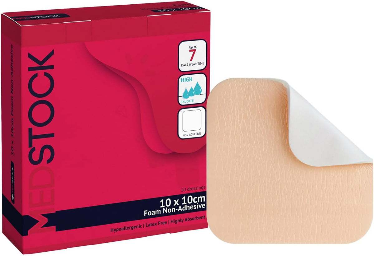 MEDSTOCK Foam Non-Adhesive Dressing, 10CM X 10CM, 10 Count, Wound Care, Odour Control Foam Dressing for Wounds, Non-adhesive, High Absorption, Hypoallergenic, CMC Granules, Optimal for Wound Healing