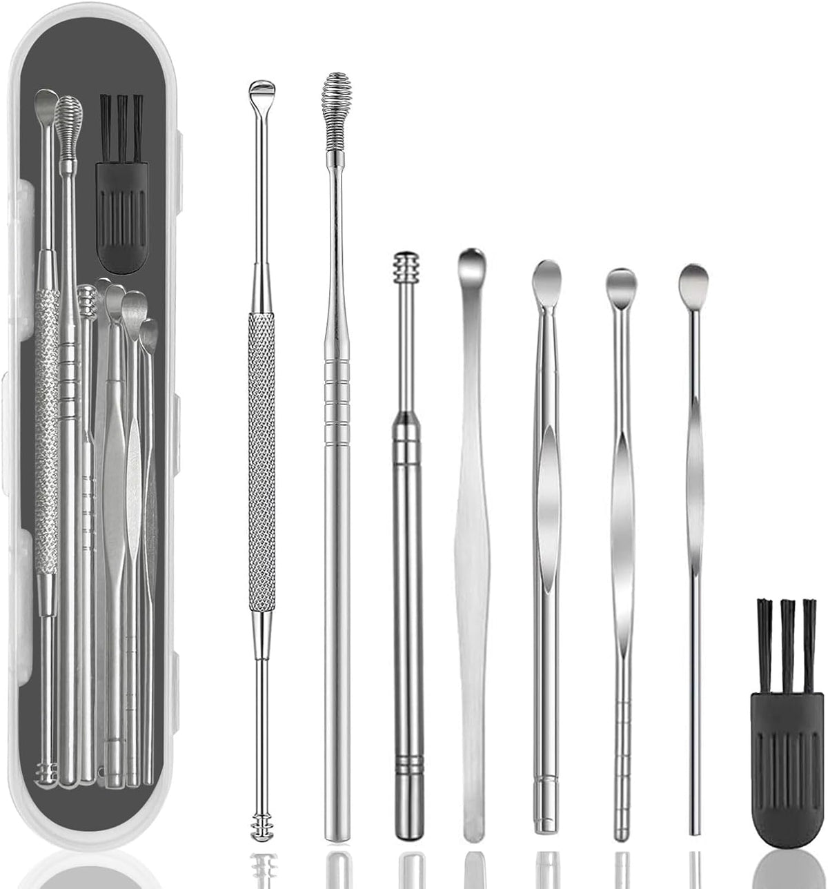 8 Pcs Ear Wax Removal Kit,Professional Double-Headed Ear Pick Earwax Removal Tools,316L Stainless Steel Ear Cleaner Curette with Cleaning Brush and Storage Box,Suit for Kid Adult(Silver)