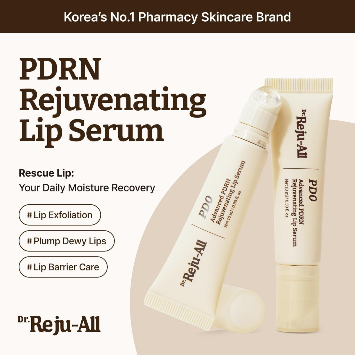 Dr.Reju-All Advanced PDRN Rejuvenating Lip Serum - Hydrating Lip Balm with Lipozip PDRN for Glowy, Dewy Lips - Gentle Exfoliating & Smoothing Lip Moisturizer - Hibiscus & Lactic Acid - 10ml