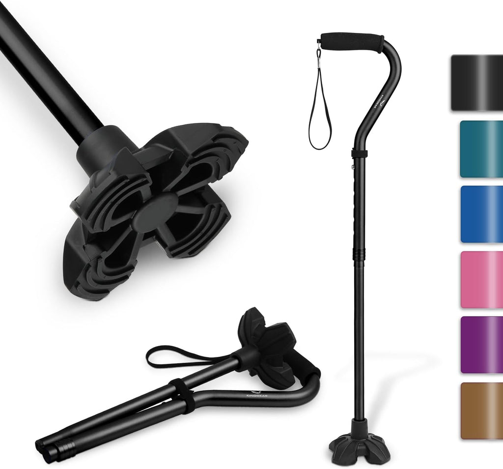 Self Standing Walking Cane Quad Base for Seniors | Lightweight aluminum, foldable design, 31–36 in adjustable height, EVA offset handle, self-standing quad base