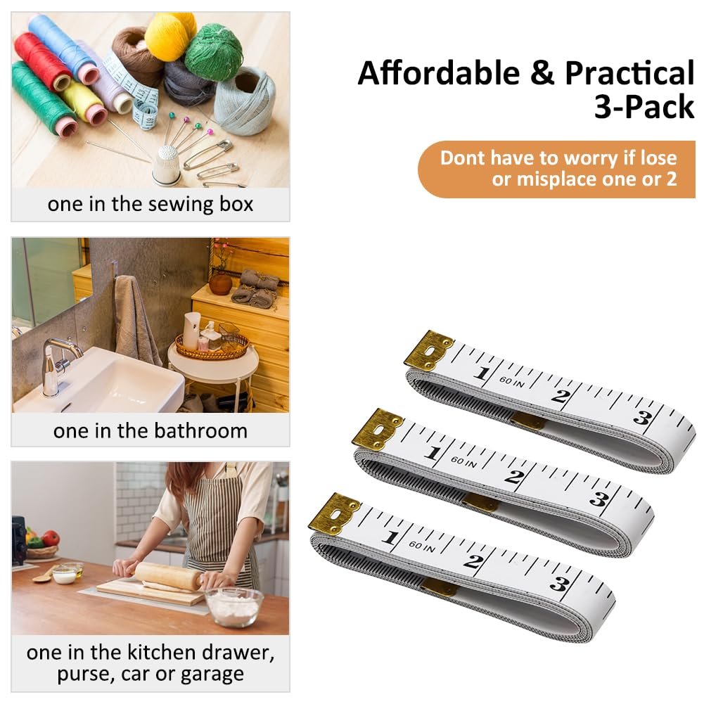 3-Pack Soft Tape Measure Body Double Scale Sewing Flexible Craft Tailor Vinyl Ruler Perfect for Weight Loss Medical Body Measurement, Has 150 Centimetre Scale on Reverse and Front 60-inch, 3 Colors