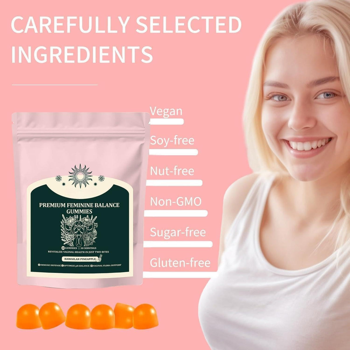 Feminine Balance Gummies – Vaginal Probiotics & Probiotics for Women – Vegan, Low Sugar, Gluten-Free – Pineapple Flavor – 60 Gummie