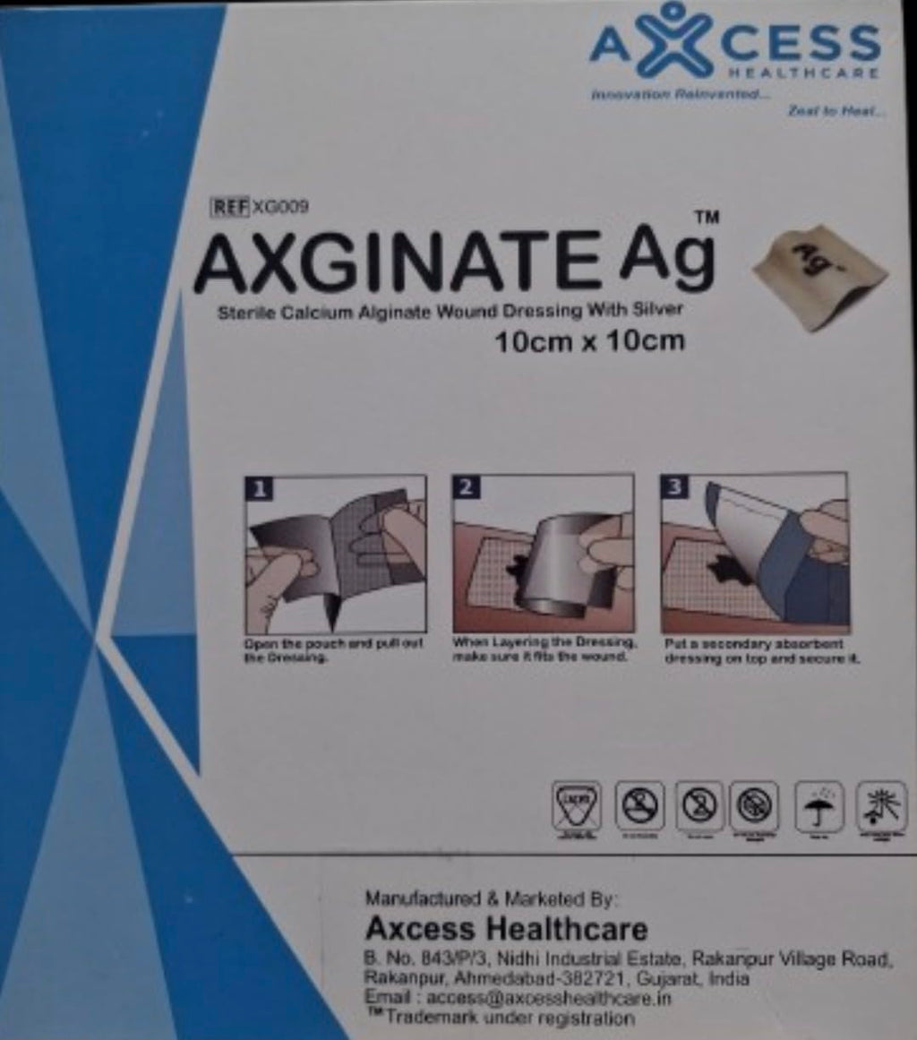 AXGINATE Ag Sterile Calcium Alginate Wound Dressing with Silver, 10cm x 10cm, Pack of 1