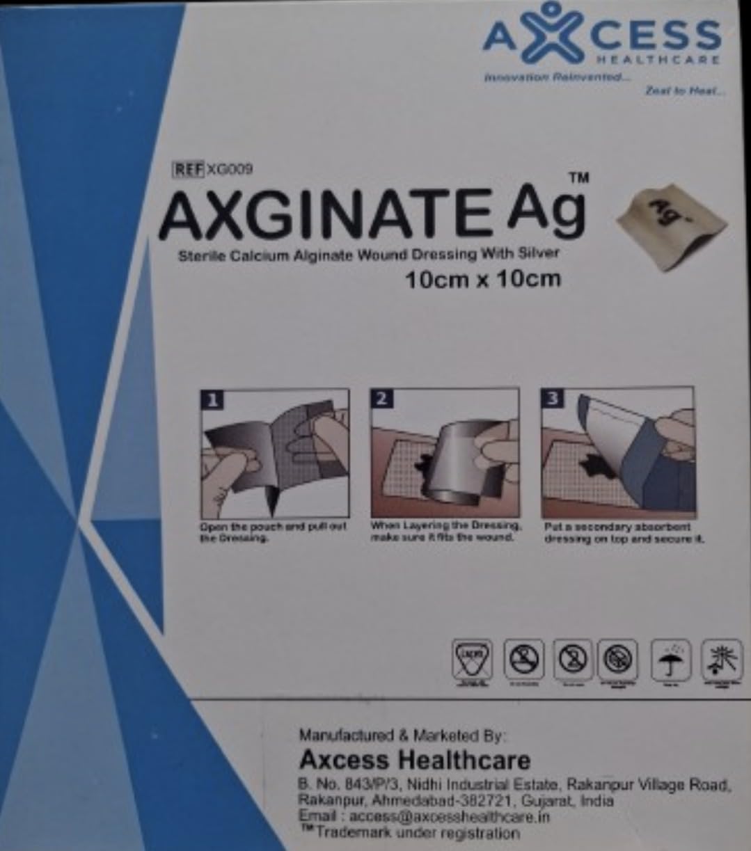 AXGINATE Ag Sterile Calcium Alginate Wound Dressing with Silver, 10cm x 10cm, Pack of 1