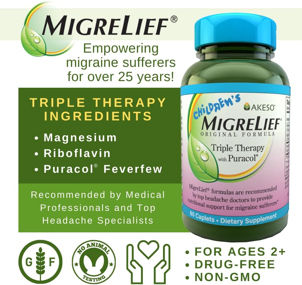 Children's MigreLief® - Triple Therapy with Puracol™ - Nutritional Support for Pediatric Migraine Sufferers - 60 Caplets/1 Month Supply