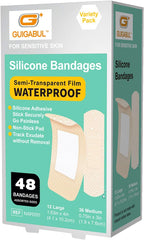Waterproof Silicone Bandages for Sensitive Skin Variety Pack | 48 Counts Painless Removal Hypoallergenic Latex Free 0.75"x3" (36 Counts) and 1.63"x4" (12 Counts)