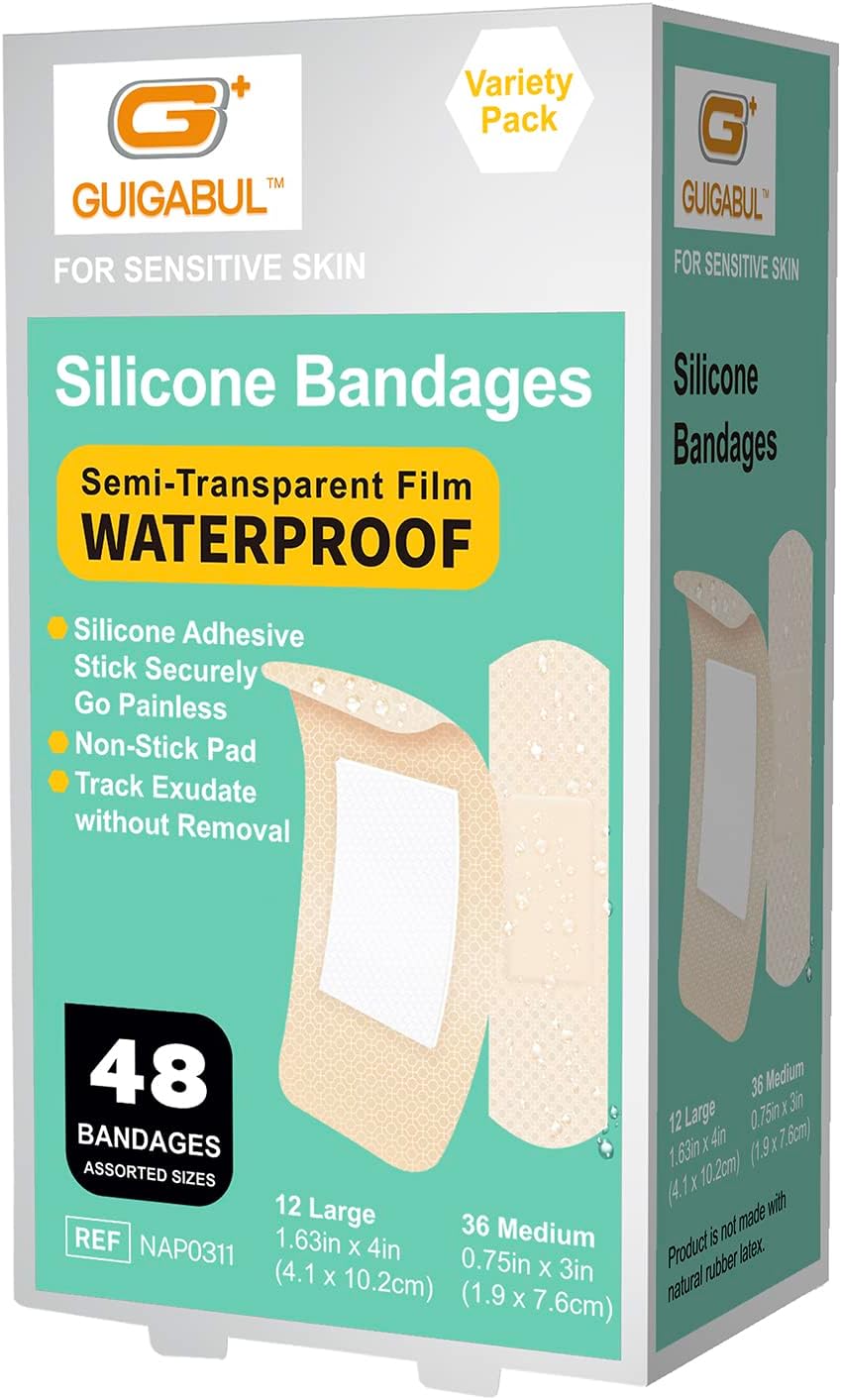 Waterproof Silicone Bandages for Sensitive Skin Variety Pack | 48 Counts Painless Removal Hypoallergenic Latex Free 0.75"x3" (36 Counts) and 1.63"x4" (12 Counts)