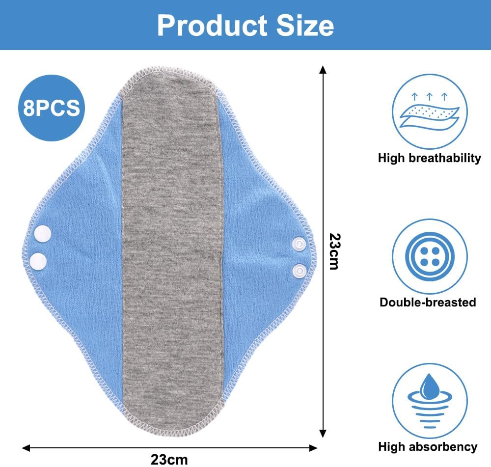 8 Pieces Reusable Sanitary Pads, 23 x 16 cm Washable Panty Protectors, Postpartum Cotton Hygienic Towel, for Menstruation, Leakproof Design, Comfortable, Suitable for All Women.