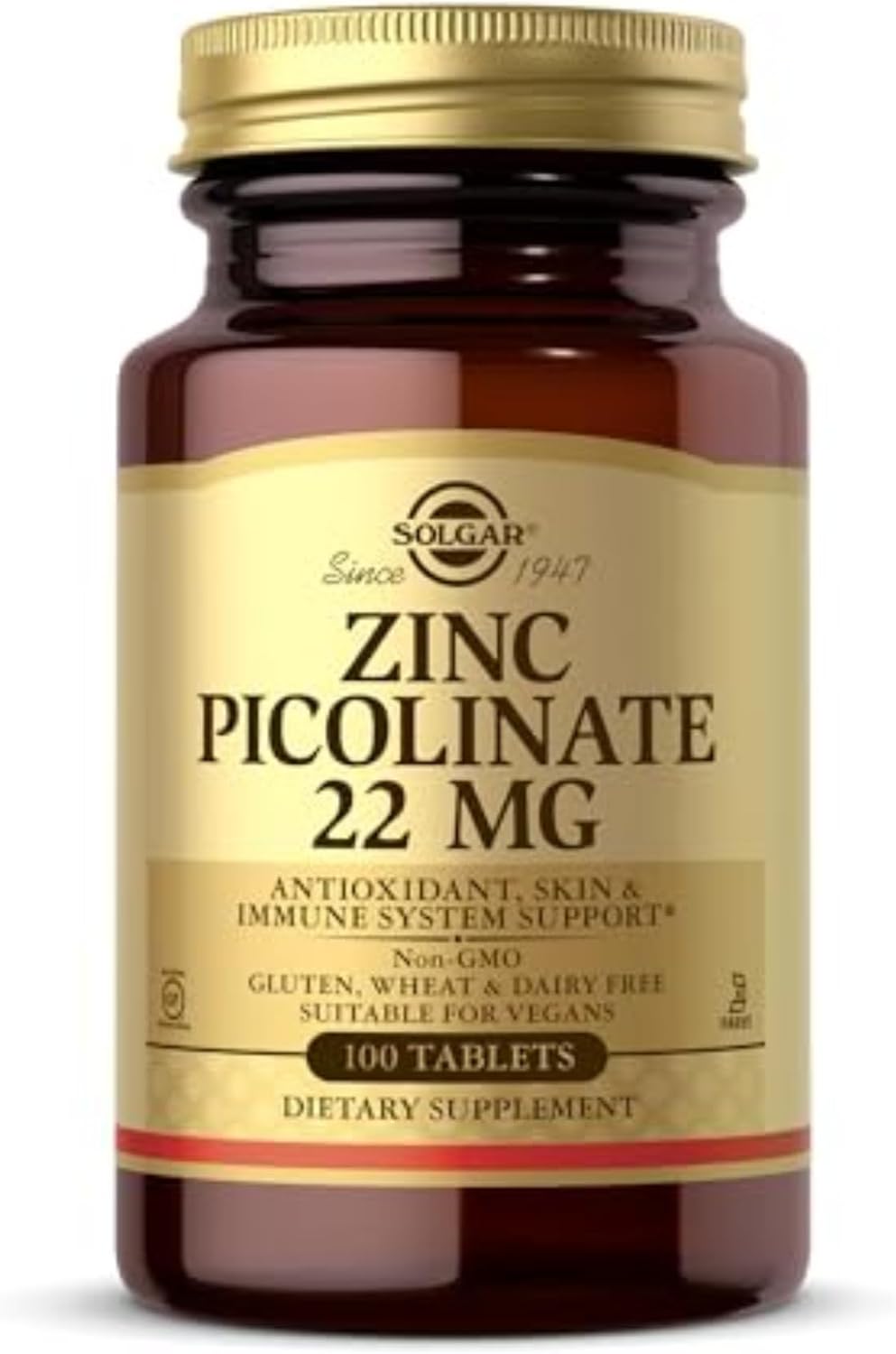 Solgar Zinc Picolinate 22 mg, 100 Tablets - Promotes Healthy Skin - Supports Immune System, Normal Taste & Vision - Antioxidant – Non-GMO, Vegan, Gluten Free, Kosher - 100 Servings