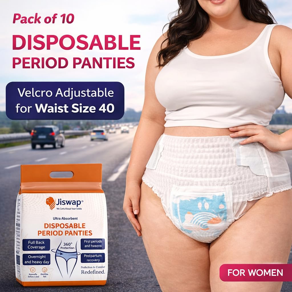 Disposable Period Panties for Women | Velcro Adjustable Leakproof Panty Pads | 360° Protection | Ultra Absorbent Sanitary Underwear for Heavy Flow, Overnight & Postpartum Use (pack of 10)