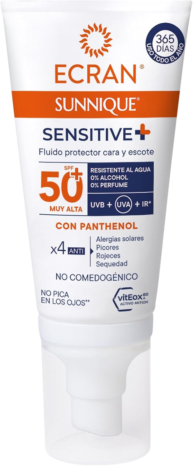 Ecran Sunnique Sensitive - Facial Protective Fluid for Face and Decolletage SPF 50 | Formula with Panthenol, Waterproof, Fragrance and Alcohol Free for Sensitive Skin | 50 ml