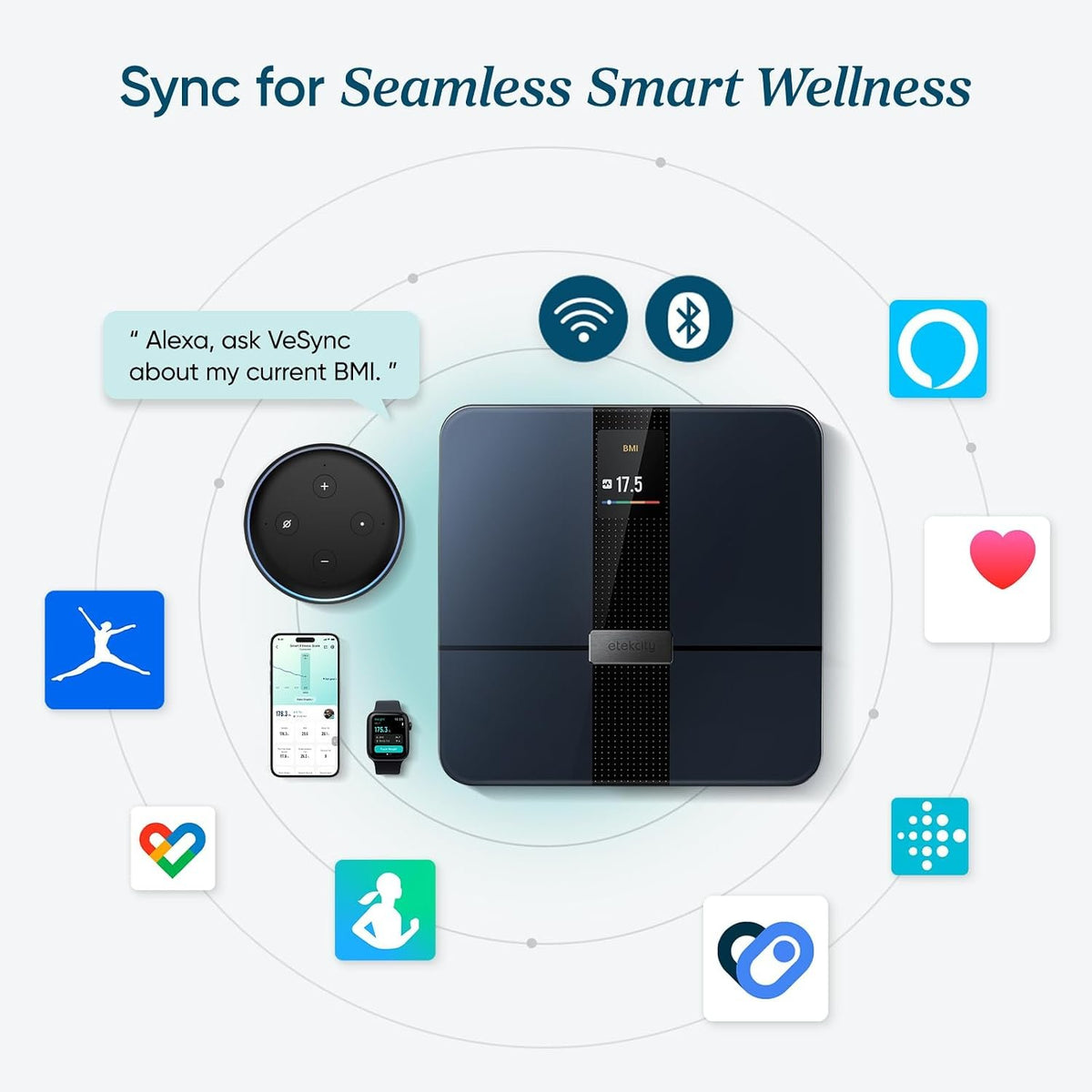 Etekcity Smart Scale for Body Weight and Fat, BMI, FSA Eligible, Black | HSA Eligible, Digital Scale for BMI, Muscle Mass and Body Composition, with Apple Health, TFT Display, Tempered Glass