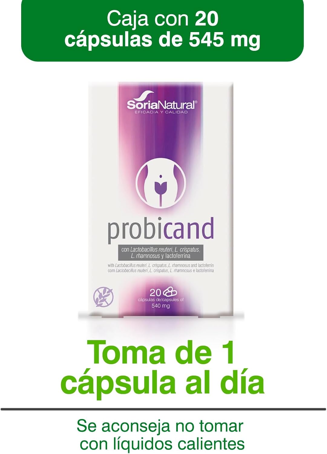 Soria Natural Probicand – With Inulin, Lactobacillus Reuteri, L Crispatus, L Rhamnosus and Lactoferrin – Helps Maintain the Balance of Vaginal Flora and Microbiota – Box of 20 Capsules of 545 mg