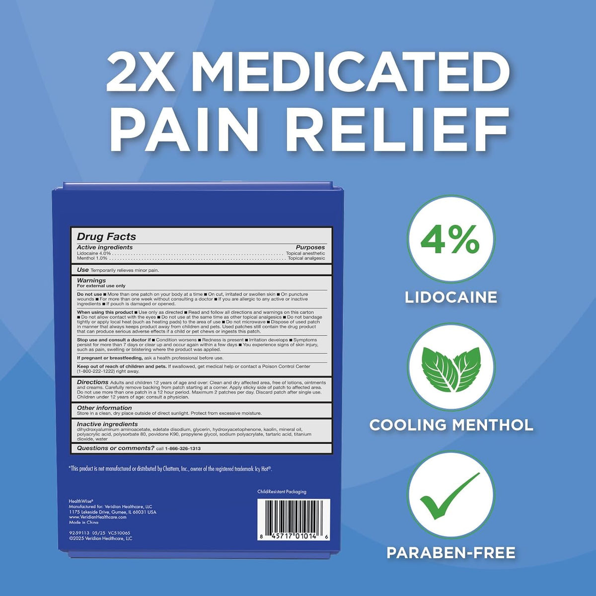 HealthWise 4% Lidocaine + 1% Menthol Pain Relief Patch, 15 Count