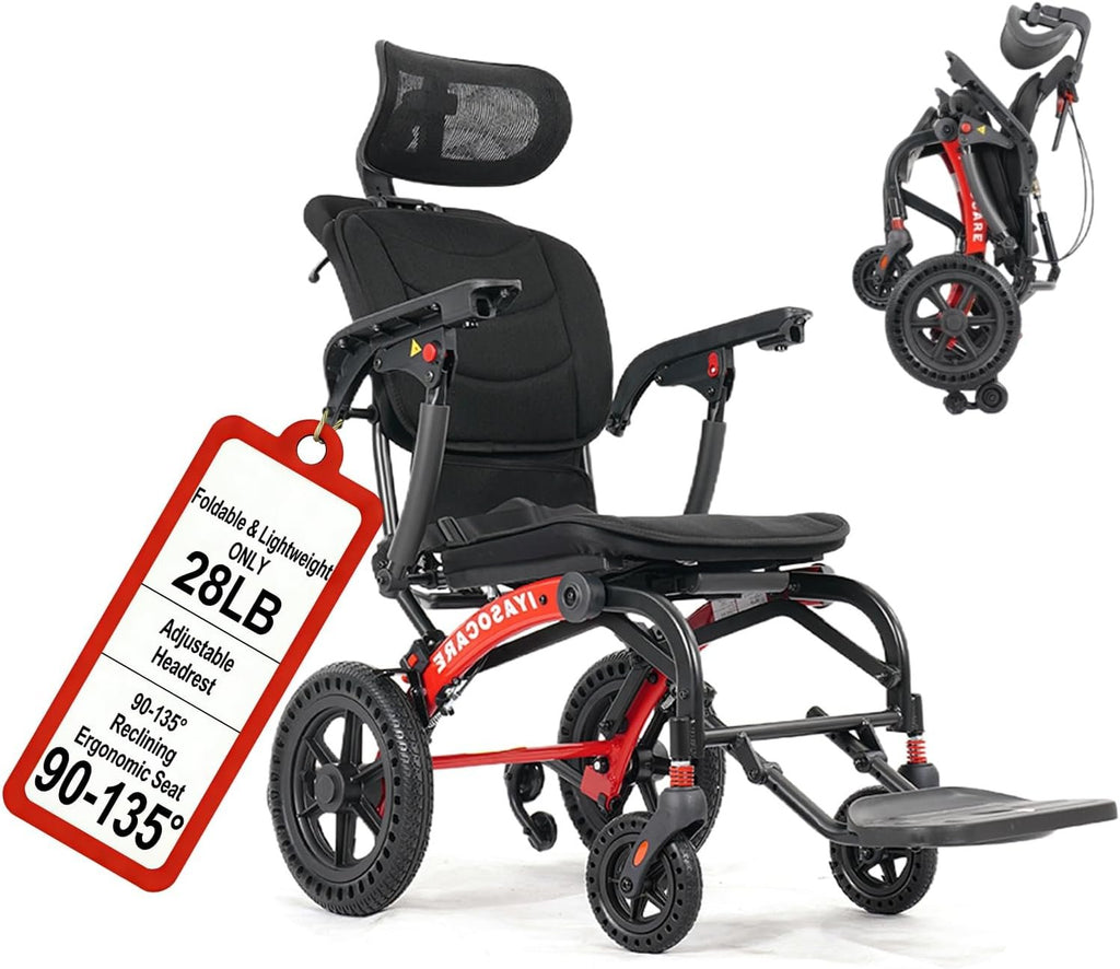 Transport Wheelchair Lightweight Foldable with Ergonomic Seat,Reclining Wheelchairs for Adults with Adjustable Headrest,Support 264LB Portable Compact Folding Travel Wheelchair,Only 28LB