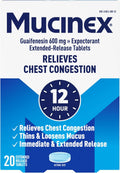 Mucinex 12 Hour 600 mg Guaifenesin Extended-Release Tablets for Excess Mucus Relief, Expectorant Aids Excess Mucus Removal, Chest Congestion Relief, 20 Bi-Layer Tablets