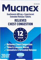 Mucinex 12 Hour 600 mg Guaifenesin Extended-Release Tablets for Excess Mucus Relief, Expectorant Aids Excess Mucus Removal, Chest Congestion Relief, 20 Bi-Layer Tablets