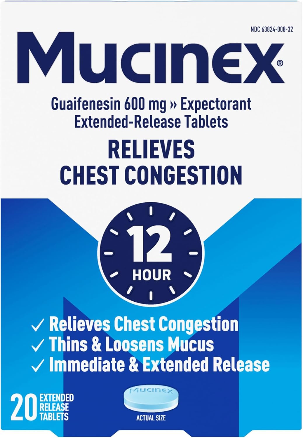 Mucinex 12 Hour 600 mg Guaifenesin Extended-Release Tablets for Excess Mucus Relief, Expectorant Aids Excess Mucus Removal, Chest Congestion Relief, 20 Bi-Layer Tablets