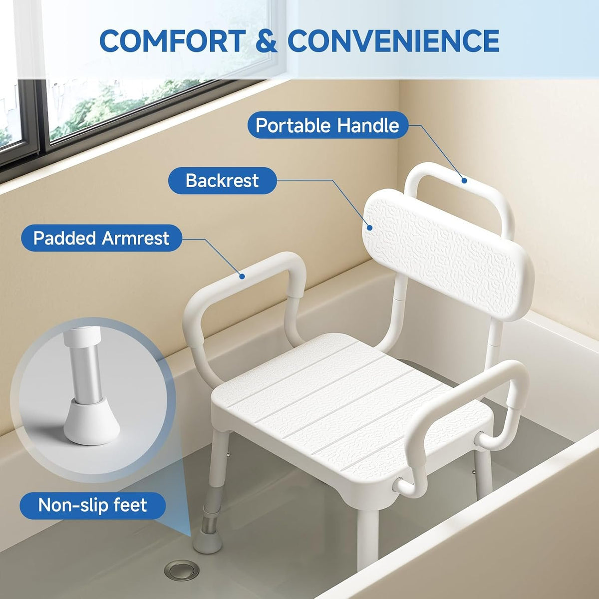 Loyoda Shower Chair for Inside Shower with Back & Arms, Ideal for Seniors | Height Adjustable Shower seat for Disabled, 350 lb Capacity, Non-Slip, Rust-Resistant Aluminum Frame